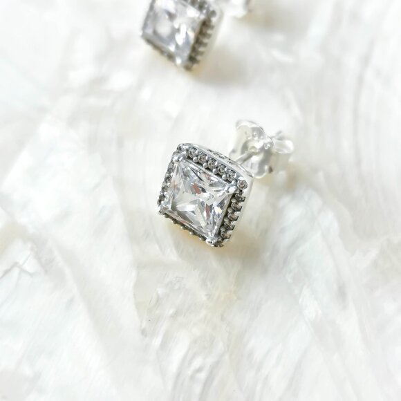 Pandora • Square Sparkle Silver Clear Halo Stud Earrings - Picture 3 of 3